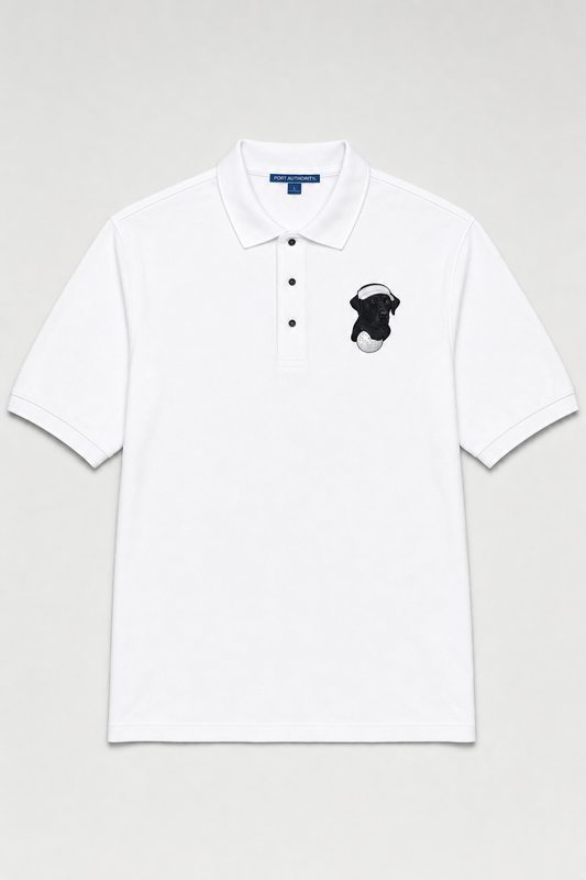 Embroidered black Labrador with golf ball stitched on a unisex polo shirt