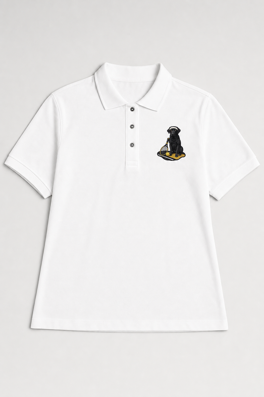 Embroidered black Labrador tennis design stitched on a unisex polo shirt