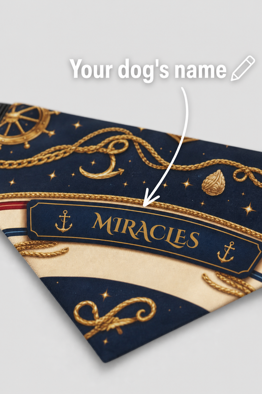 Nautical personalized dog bandana with custom name, adjustable neck strap
