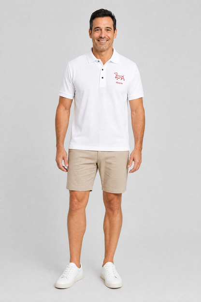 White embroidered dachshund polo shirt with personalized dog name, front flat lay