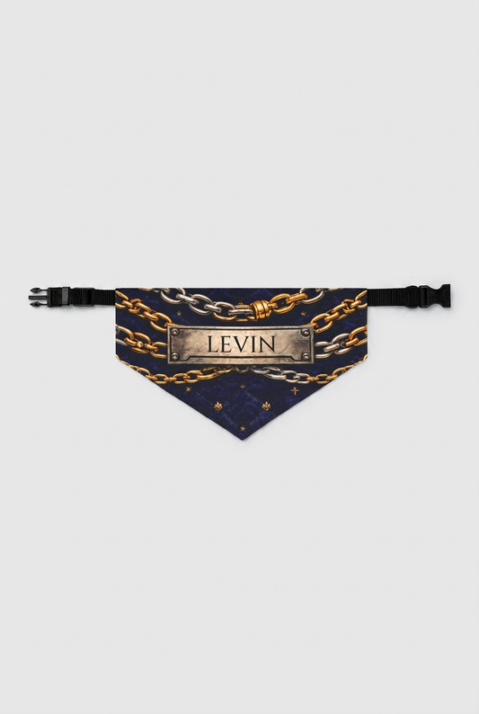 Navy dog bandana with gold chain pattern and custom name, adjustable neck strap