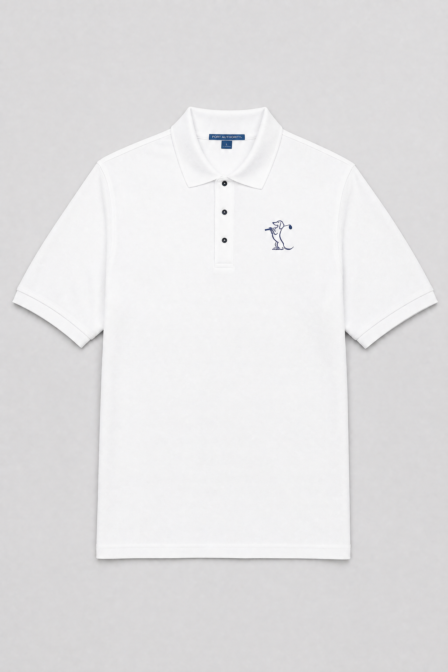 Unisex golf polo shirt with embroidered golfer dog, golf gift for dog lovers