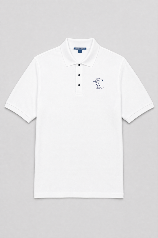 Unisex golf polo shirt with embroidered golfer dog, golf gift for dog lovers
