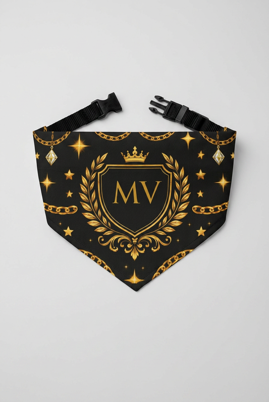 Black personalized dog bandana collar with custom name, adjustable neck strap