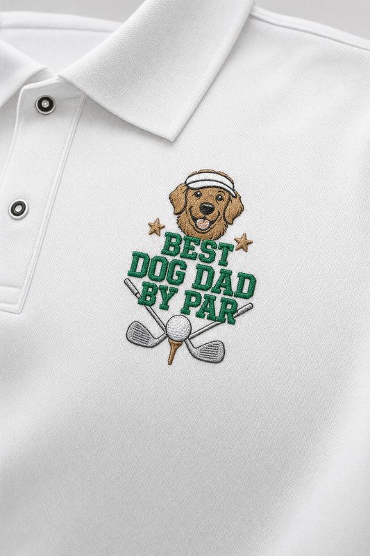 Best Dog Dad By Par embroidered crest with Golden Retriever on a golf polo shirt