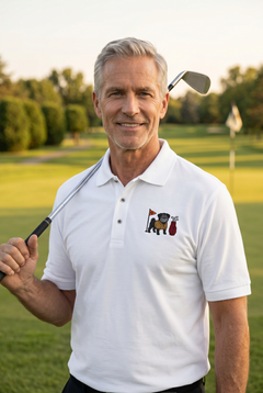 A smiling man on a golf course wearing a white short-sleeve polo shirt with a small cartoon dog and golf bag logo on the left chest, holding a golf club.