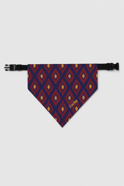 Red navy diamond pattern personalized dog bandana with custom name, adjustable neck strap