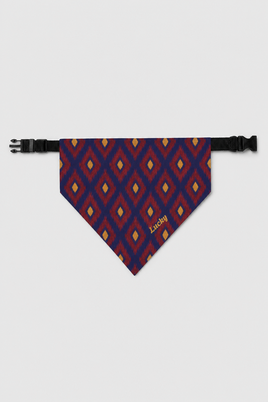 Red navy diamond pattern personalized dog bandana with custom name, adjustable neck strap