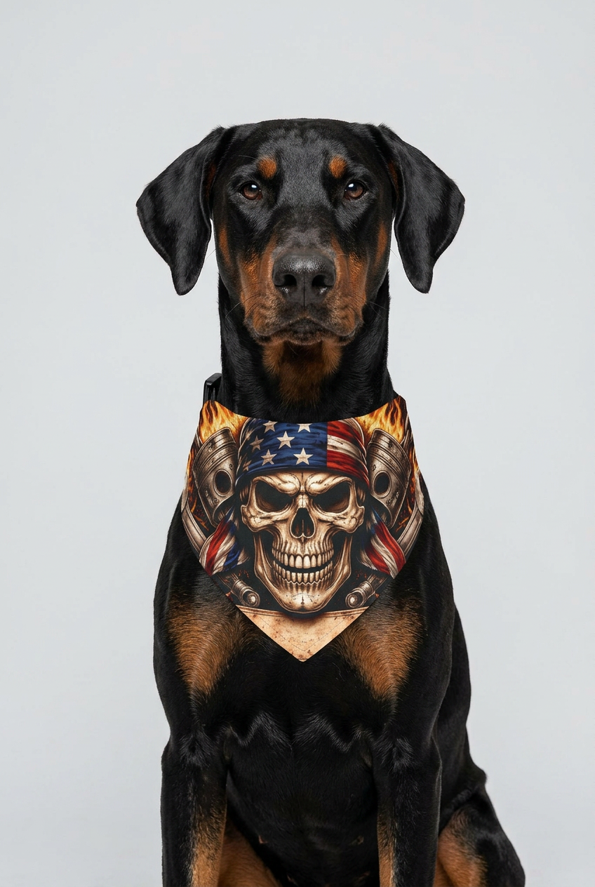Dachshund wearing black biker skull dog bandana