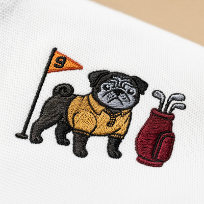 Close-up of embroidered dog breed design on pique polo shirt