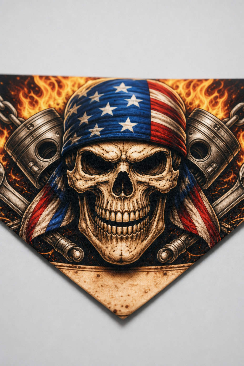 Skull print detail on black biker dog bandana, triangle panel