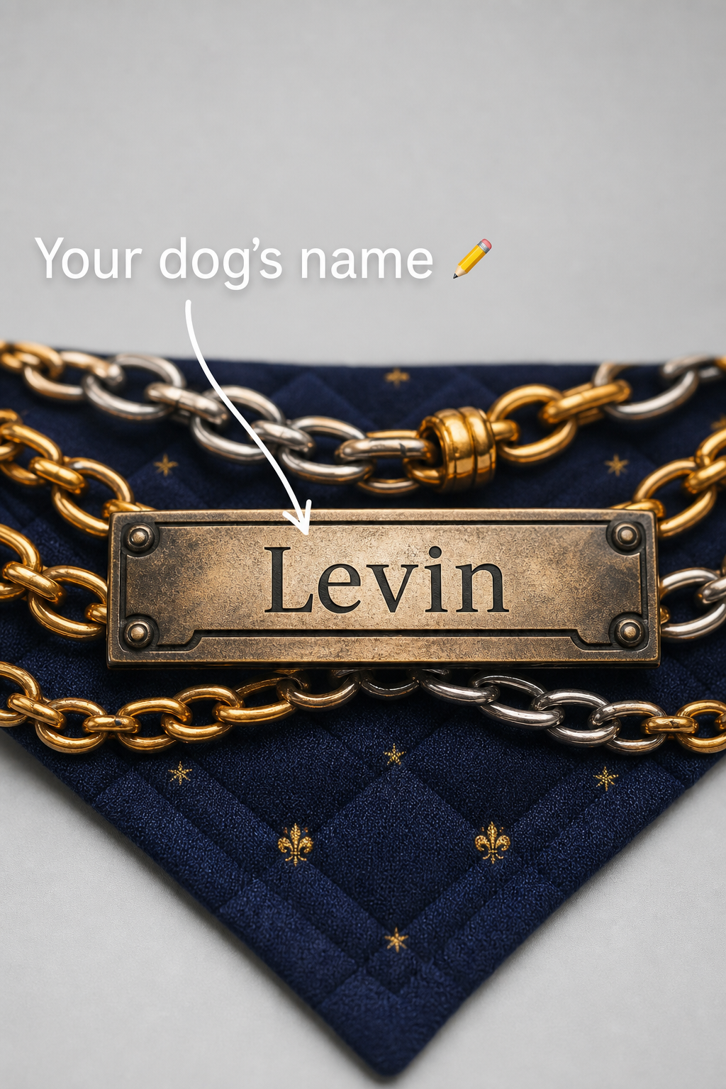 Gold chain print detail on navy personalized dog bandana