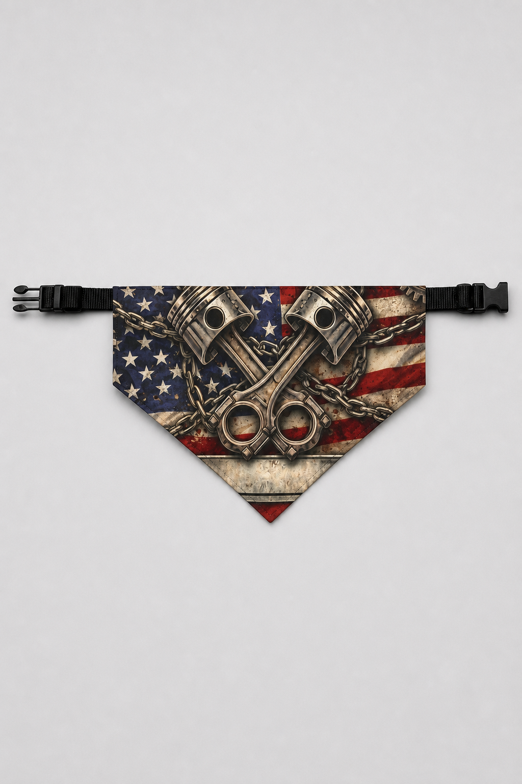 Piston flag print detail on American dog bandana, triangle panel