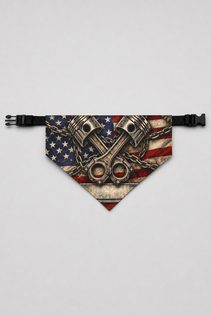 Piston flag print detail on American dog bandana, triangle panel