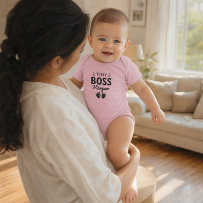 Personalized baby bodysuit with snap closure and custom name print
