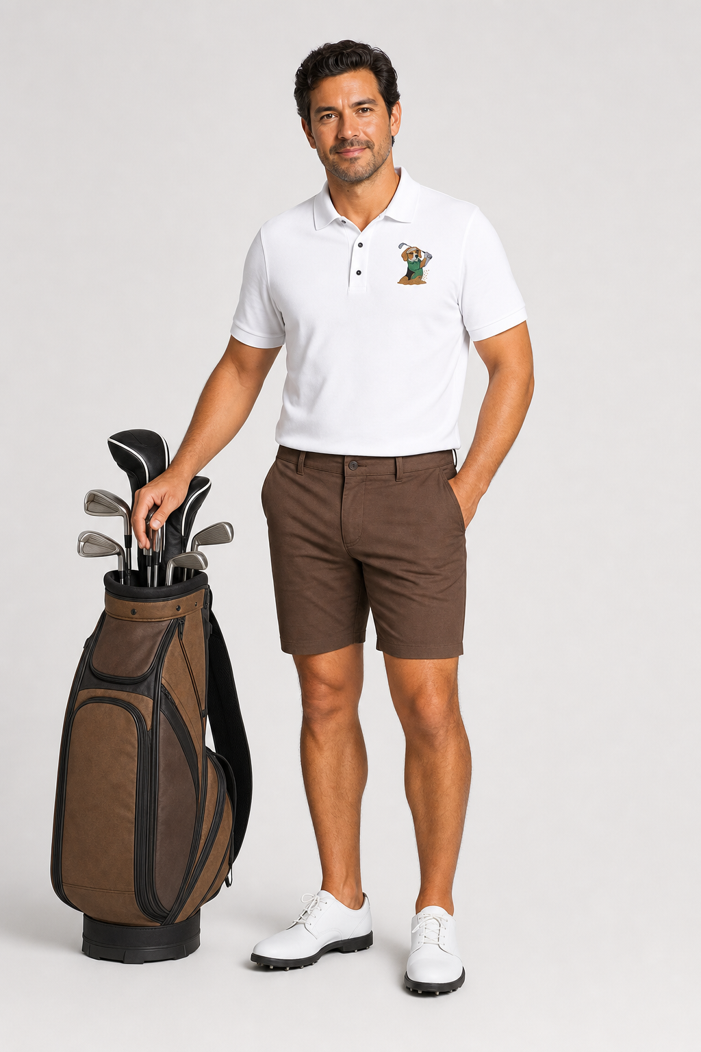 Man in golf attire with a golf bag on a light gray background