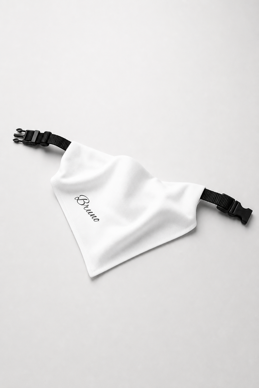Dachshund wearing white personalized dog bandana with custom name