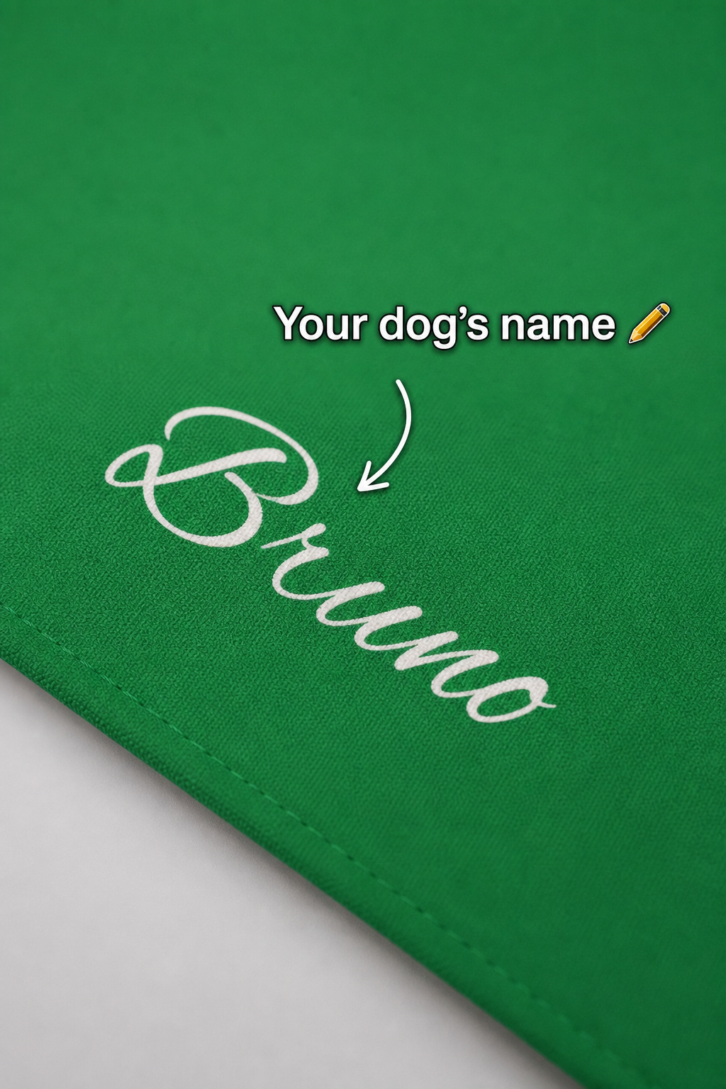 Custom name print detail on green personalized dog bandana