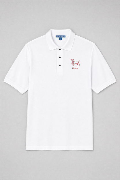 Man with his dachshund outdoors wearing a personalized embroidered dachshund polo shirt