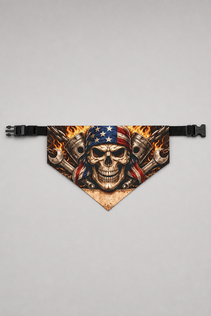 Black biker skull dog bandana with skull print, adjustable neck strap