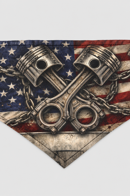 Dachshund wearing American piston flag dog bandana
