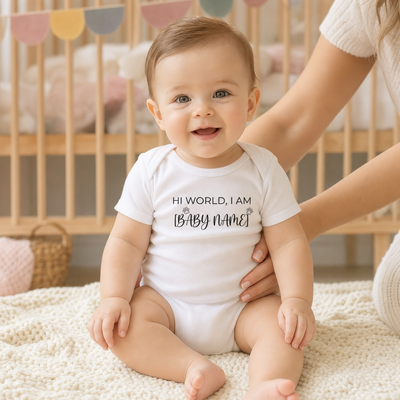 Mother holding baby wearing a personalized baby bodysuit with custom name