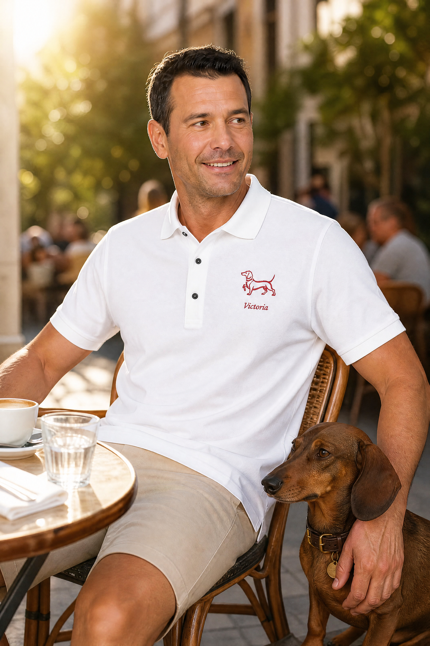 Close-up of red embroidered dachshund and stitched dog name on a white pique polo shirt