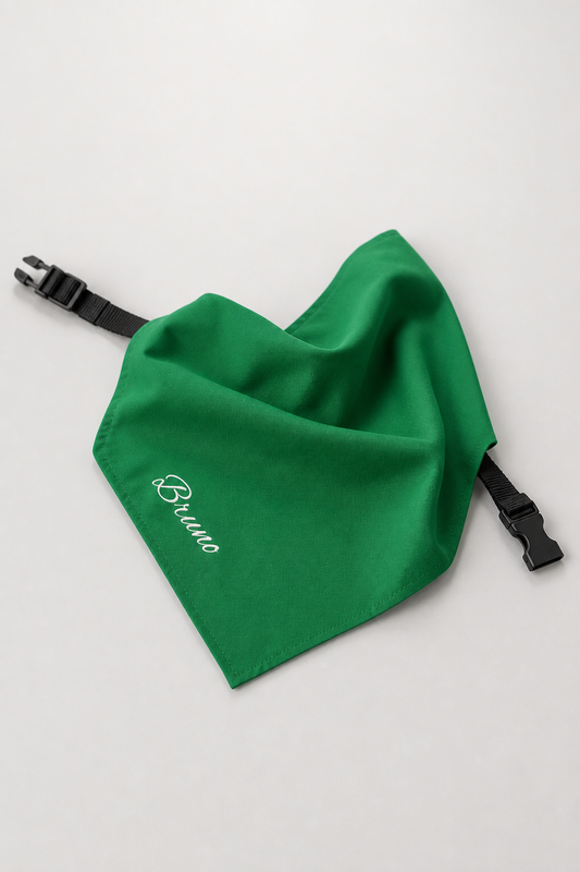 Green personalized dog bandana with custom name, adjustable neck strap