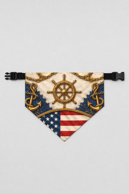 Nautical American flag dog bandana with anchor print, adjustable neck strap