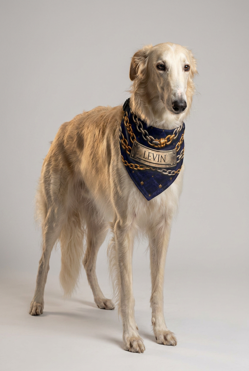 Dachshund wearing navy gold chain personalized dog bandana