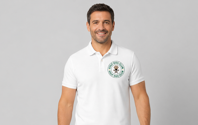 Man wearing embroidered dog breed polo shirt with flat knit collar