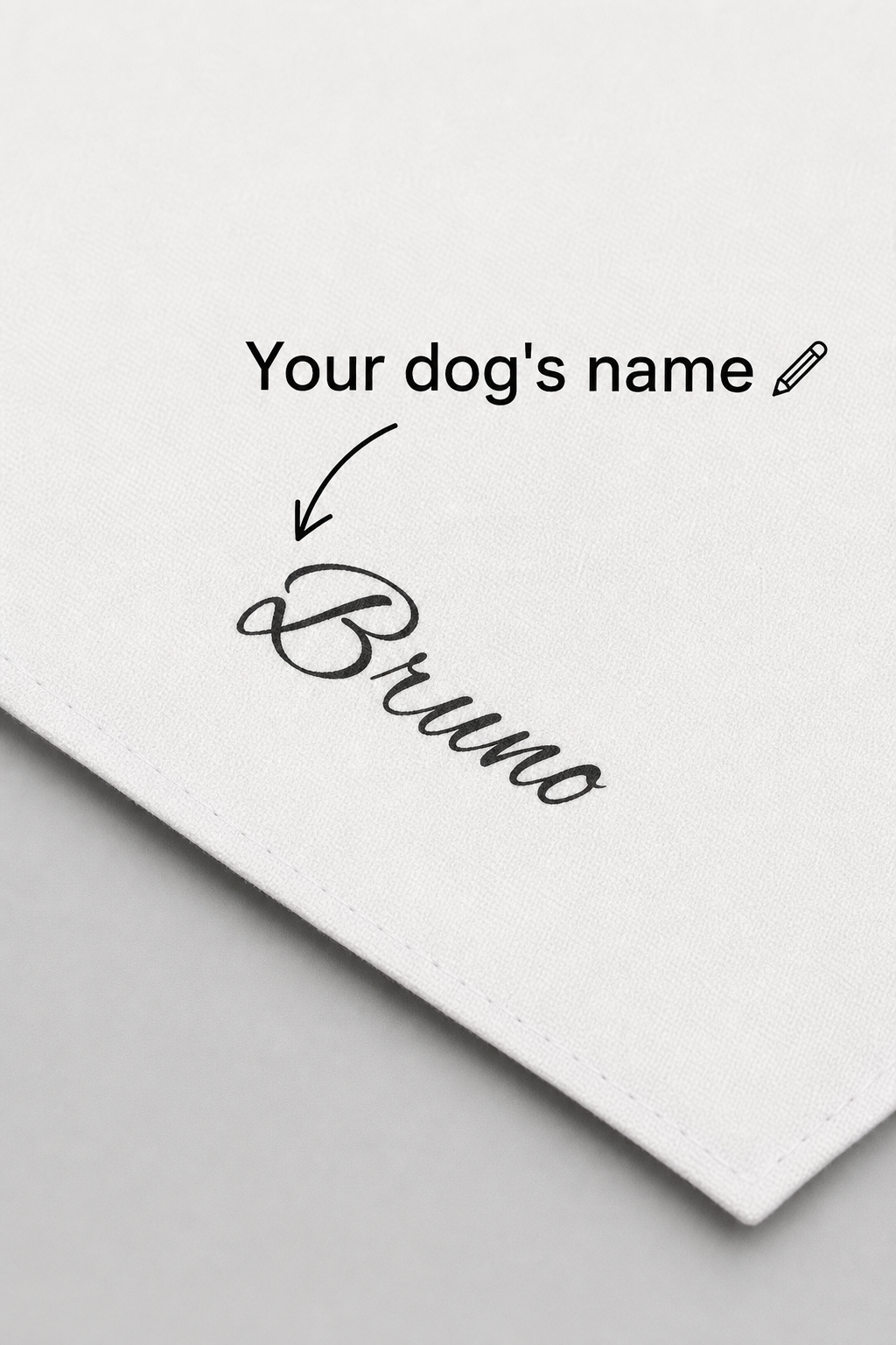 Custom name print detail on white personalized dog bandana
