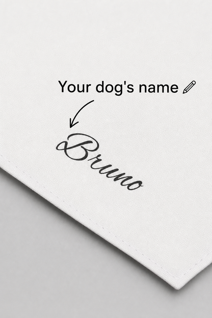 Custom name print detail on white personalized dog bandana