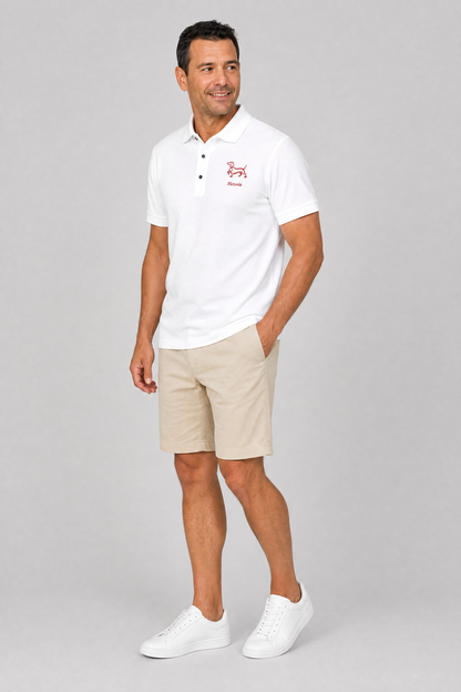 Man wearing black embroidered dachshund polo shirt with dog's name stitched in red, front view