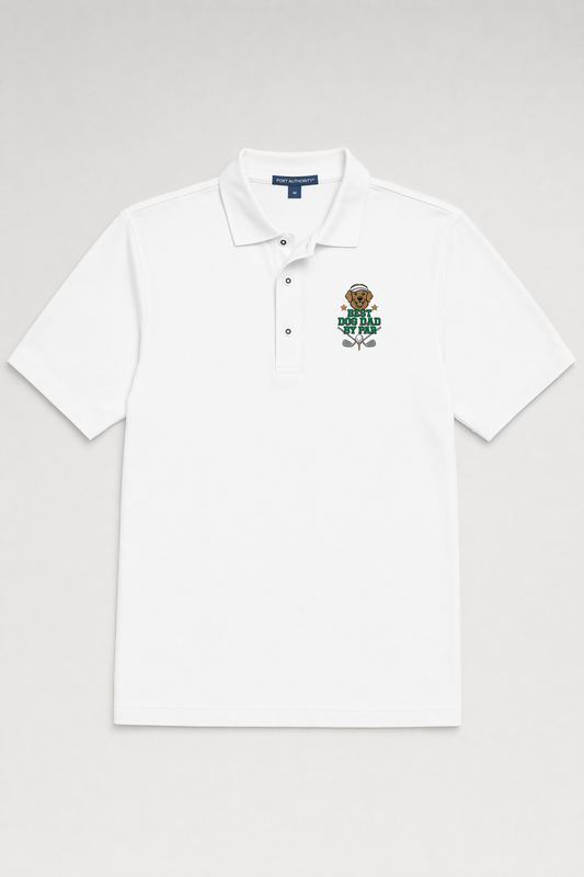 Embroidered Golden Retriever golf crest stitched on a unisex polo shirt