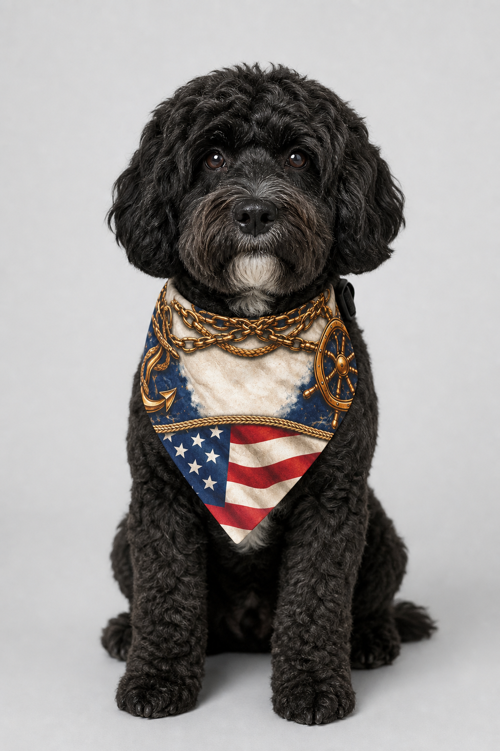 Dachshund wearing nautical American flag dog bandana