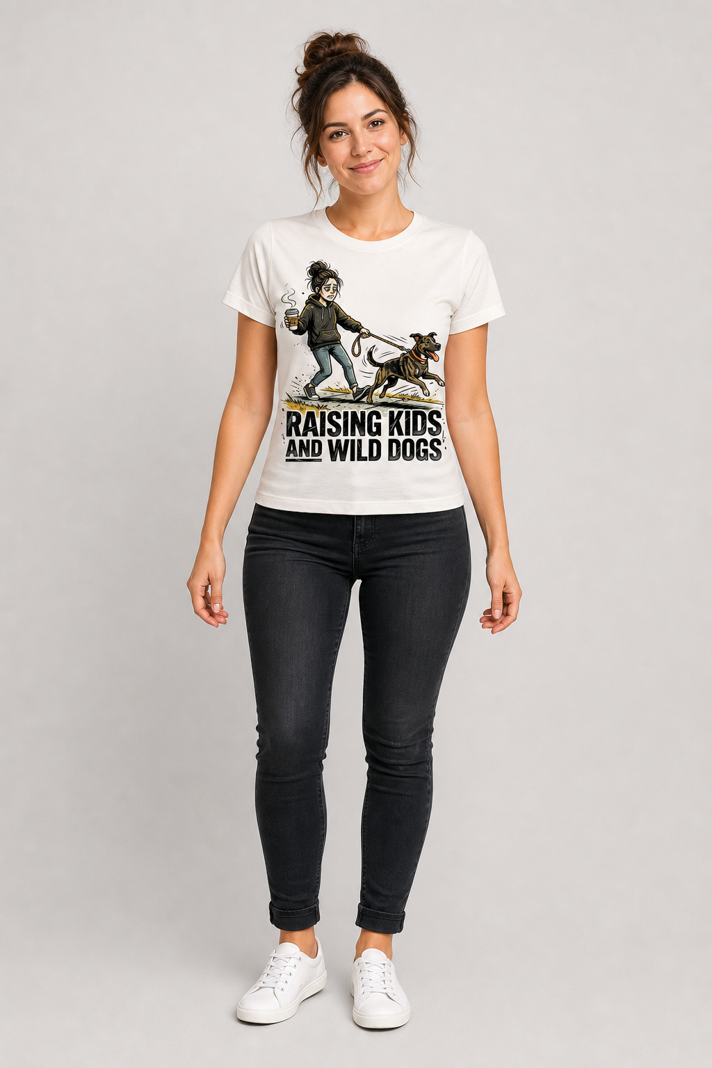 Man wearing black t-shirt with Raising Kids and Wild Dogs print
