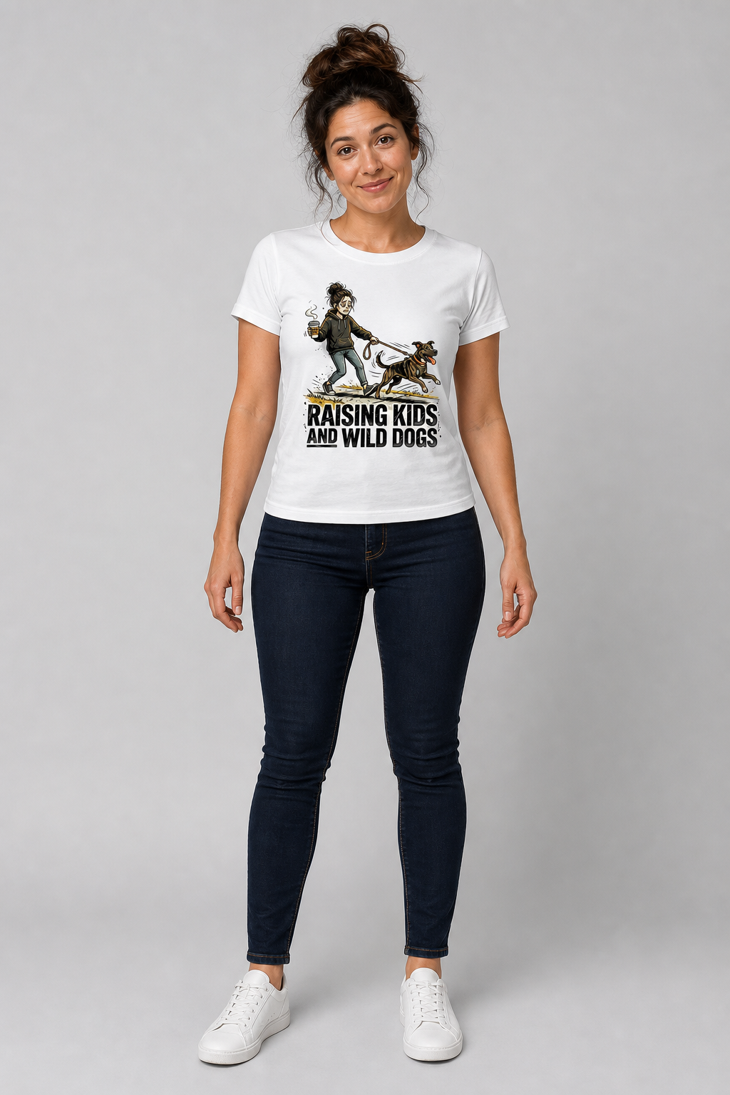 Raising Kids and Wild Dogs print close-up on black t-shirt