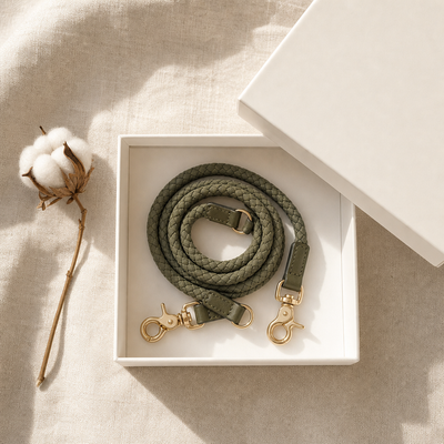 Green braided dog leash with gold clasps in a white box on a beige fabric background