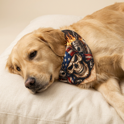 Dog wearing a skull and American flag design bandana on a beige background