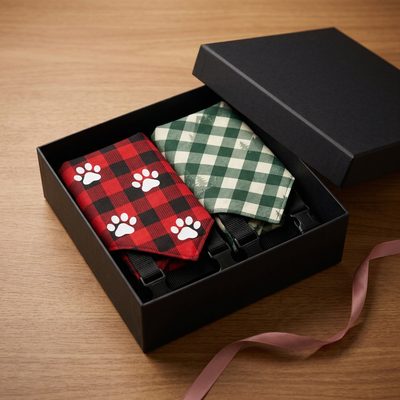 Two dog collars with checkered patterns in a black box on a wooden surface.
