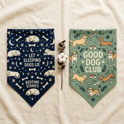 Two dog bandanas with text and illustrations on a light background