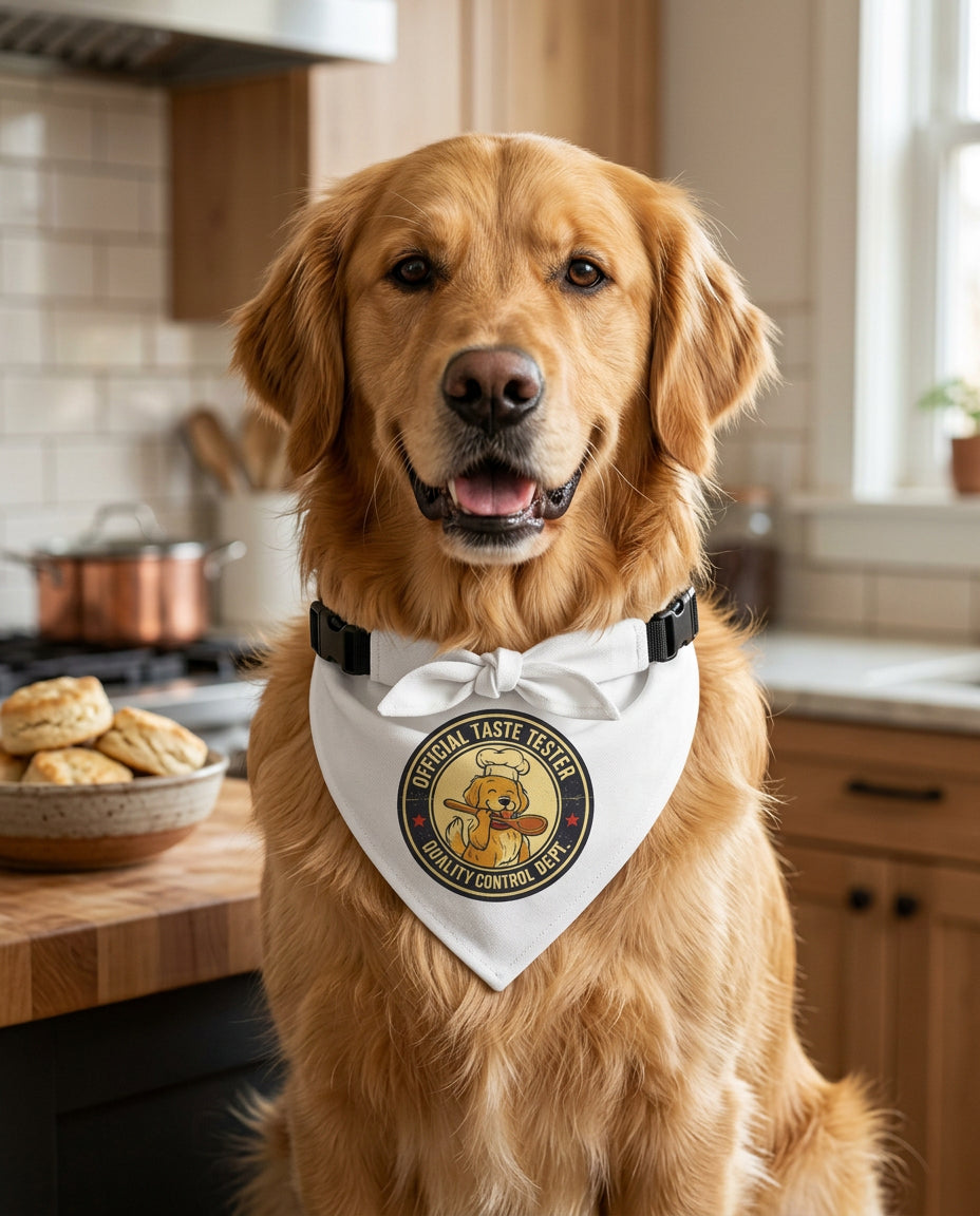 Dog wearing a bandana with a 'Official Taste Tester' logo in a kitchen setting