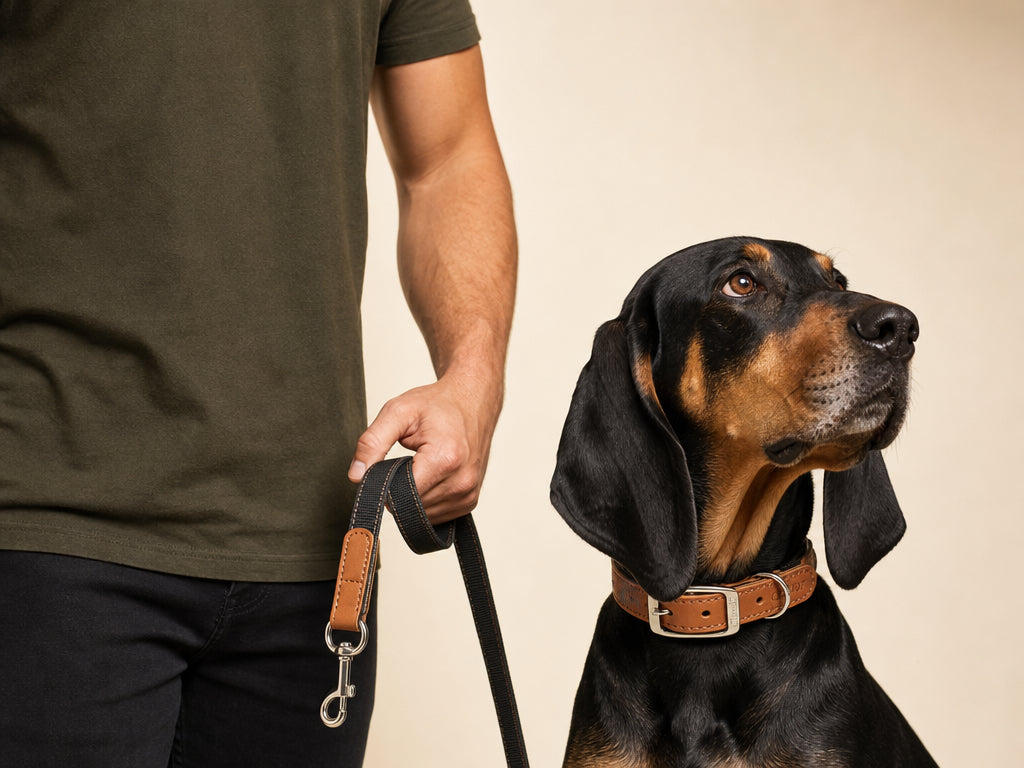 Person holding a dog leash with a black and brown dog wearing a collar against a beige background