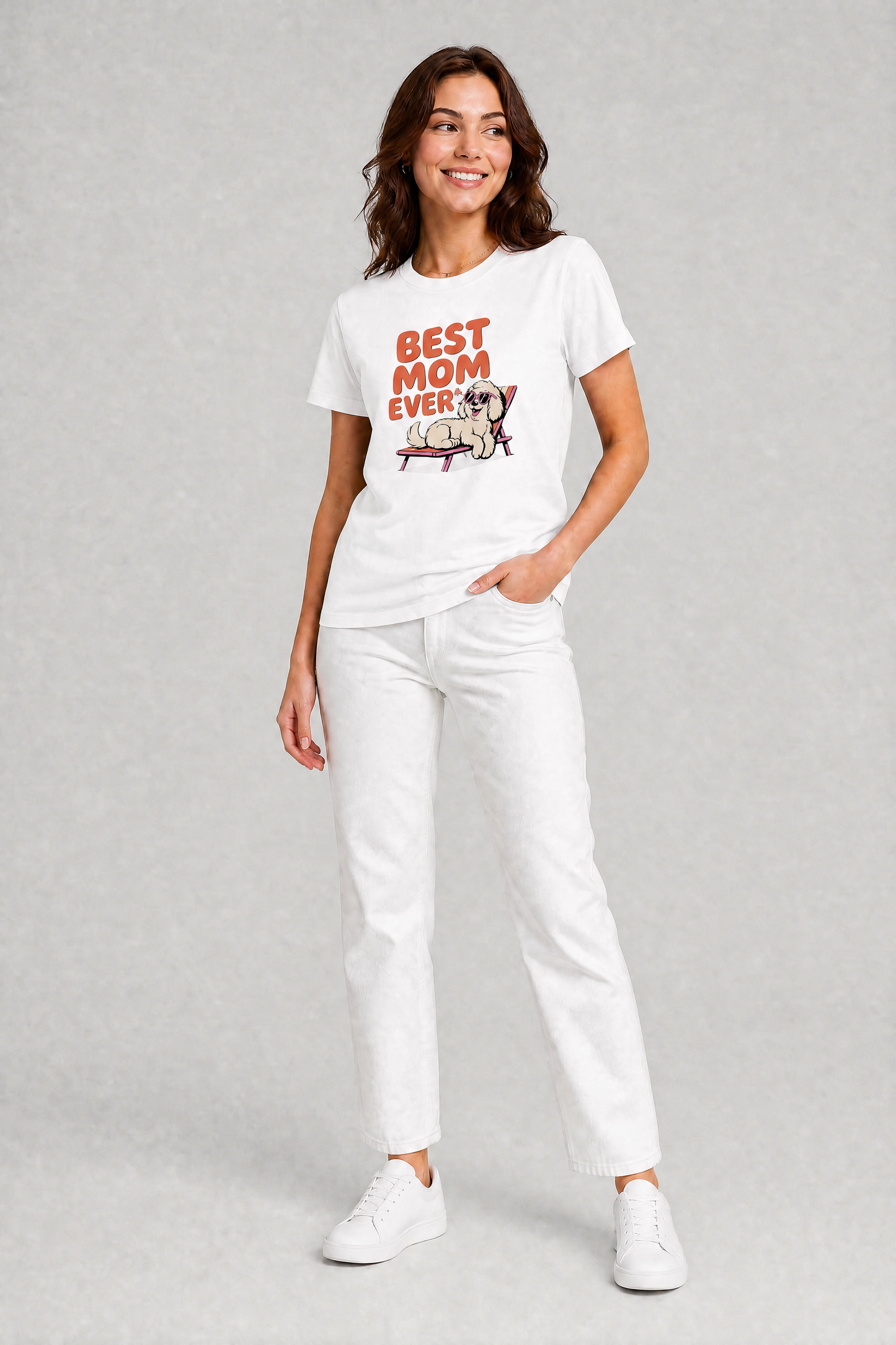 Woman wearing a white t-shirt with 'Best Mom Ever' graphic on a gray background