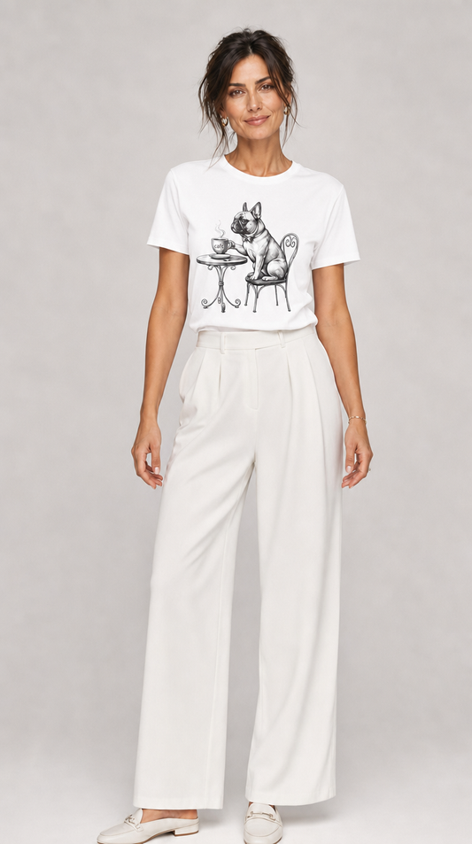 Woman wearing white French Bulldog Cafe t-shirt