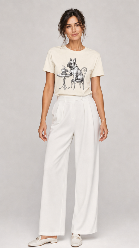 Woman wearing natural cream French Bulldog Cafe t-shirt