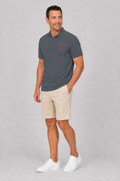 Cool grey embroidered dachshund polo shirt with personalized dog name, flat lay