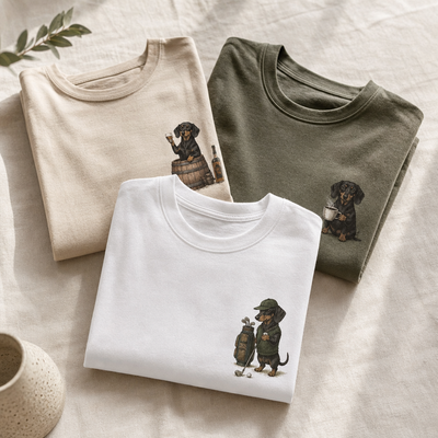 Three folded t-shirts with dachshund illustrations on a light surface.