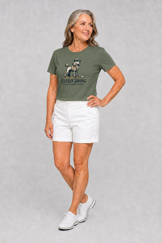 Woman wearing military green t-shirt with poodle golf Classy Swing print